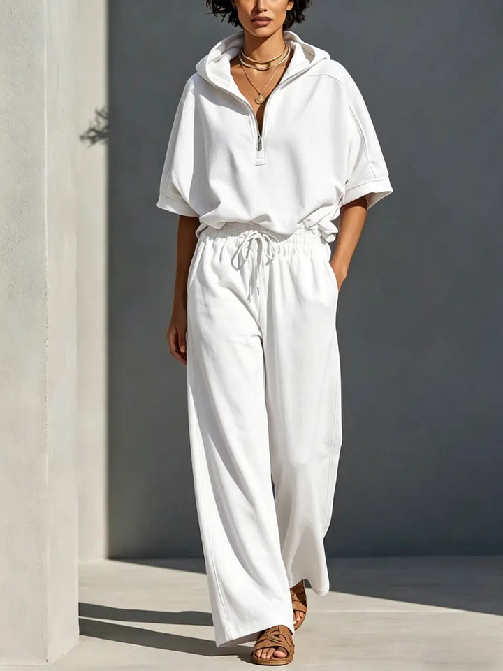 Damen Lässiges Lounge-Set mit Kapuzenpullover mit halbem Reißverschluss und weiter Palazzohose Echoarchiv