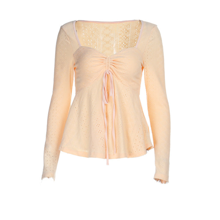 Damen Spitzenbluse mit Herz-Ausschnitt, gerafftem Bustier und ausgestelltem Saum – Avérine
