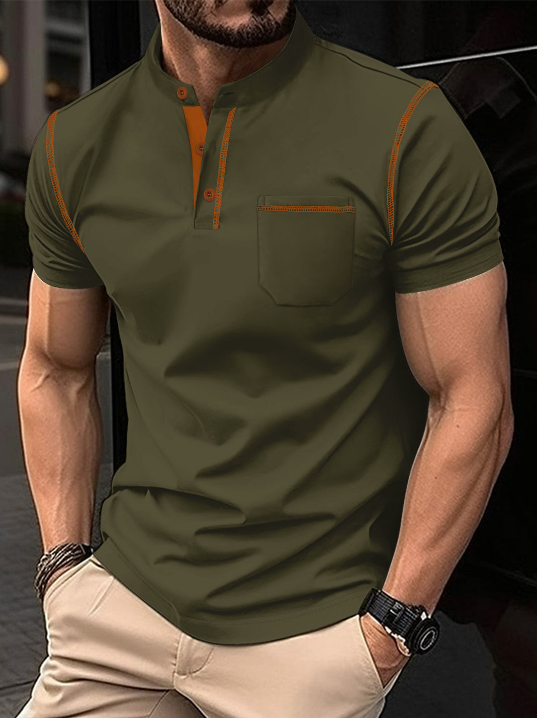 Herren Poloshirt mit modernem Henley-Kragen und praktischem Brusttasche Echoarchiv