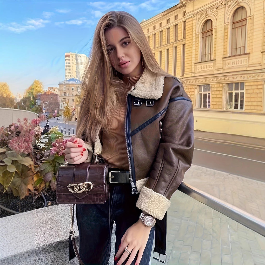 Damen Trendige und stilvolle Lederjacke mit Teddyfutter – Velloura
