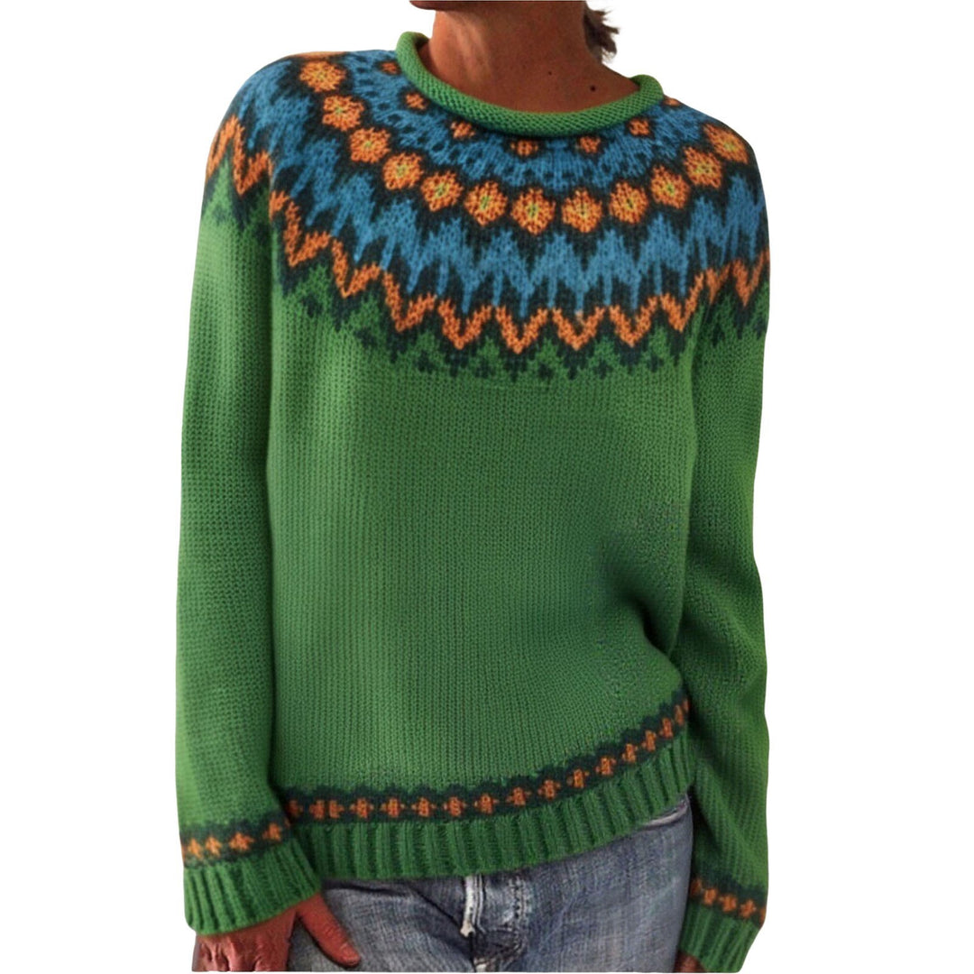 Damen nan melierter Rundhalsausschnittpullover mit kreisförmigem Jacquard-Yoke und geripptem Saum Echo Archiv