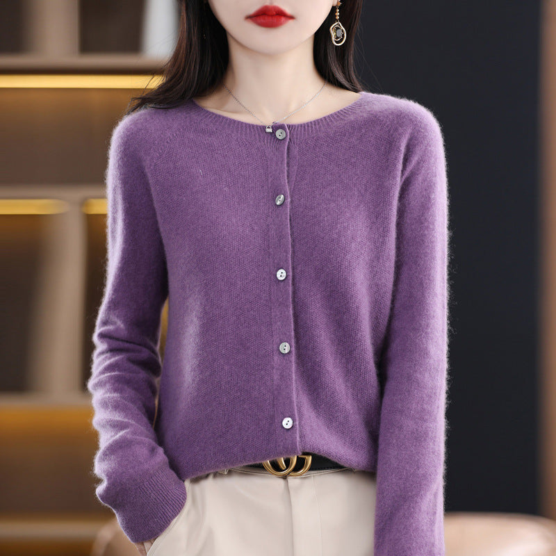 Damen Kurzgeschnittener Cardigan in Mohair‑Optik mit Rundhalsausschnitt und Perlmuttknöpfen Echoarchiv