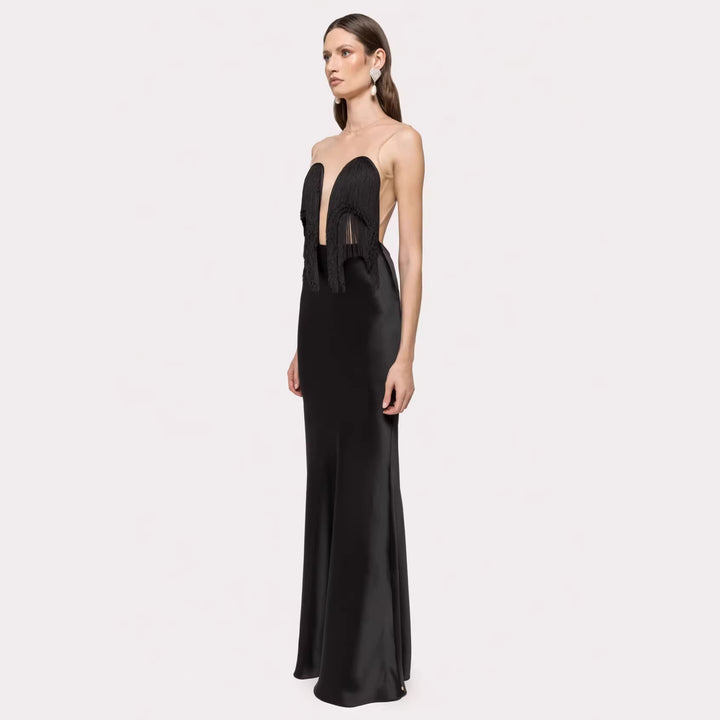 Damen Langärmliges Maxikleid mit tiefem V-Ausschnitt und fransierten Details Echo Archiv