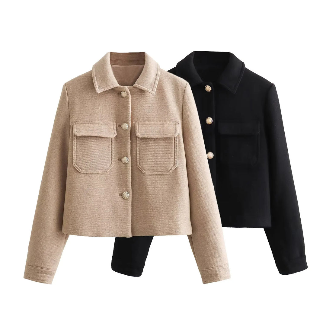 Damen kurze Wolloptik-Boxyjacke mit aufgesetzten Pattentaschen und klassischem Kragen – Célinea