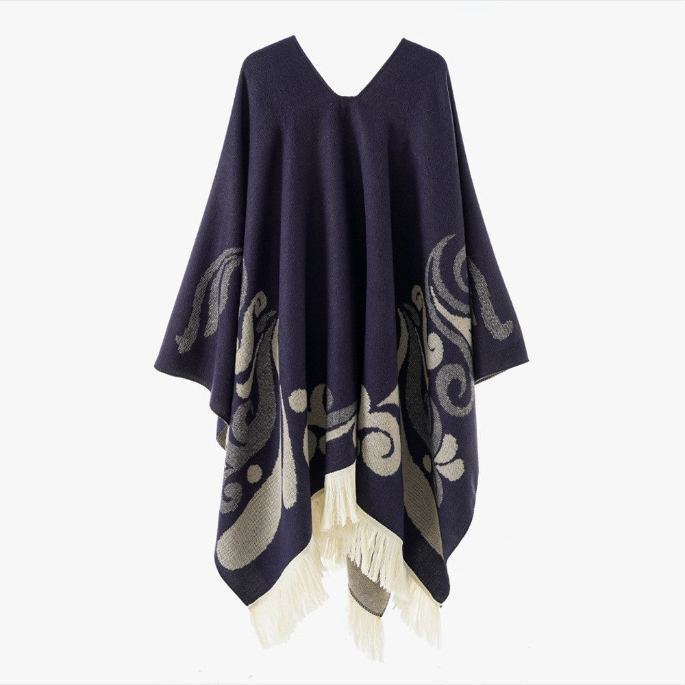 Damen Ornamentaler Jacquard‑Poncho mit V‑Ausschnitt und Fransensaum Echo Archiv
