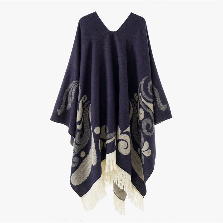 Damen Ornamentaler Jacquard‑Poncho mit V‑Ausschnitt und Fransensaum Echo Archiv