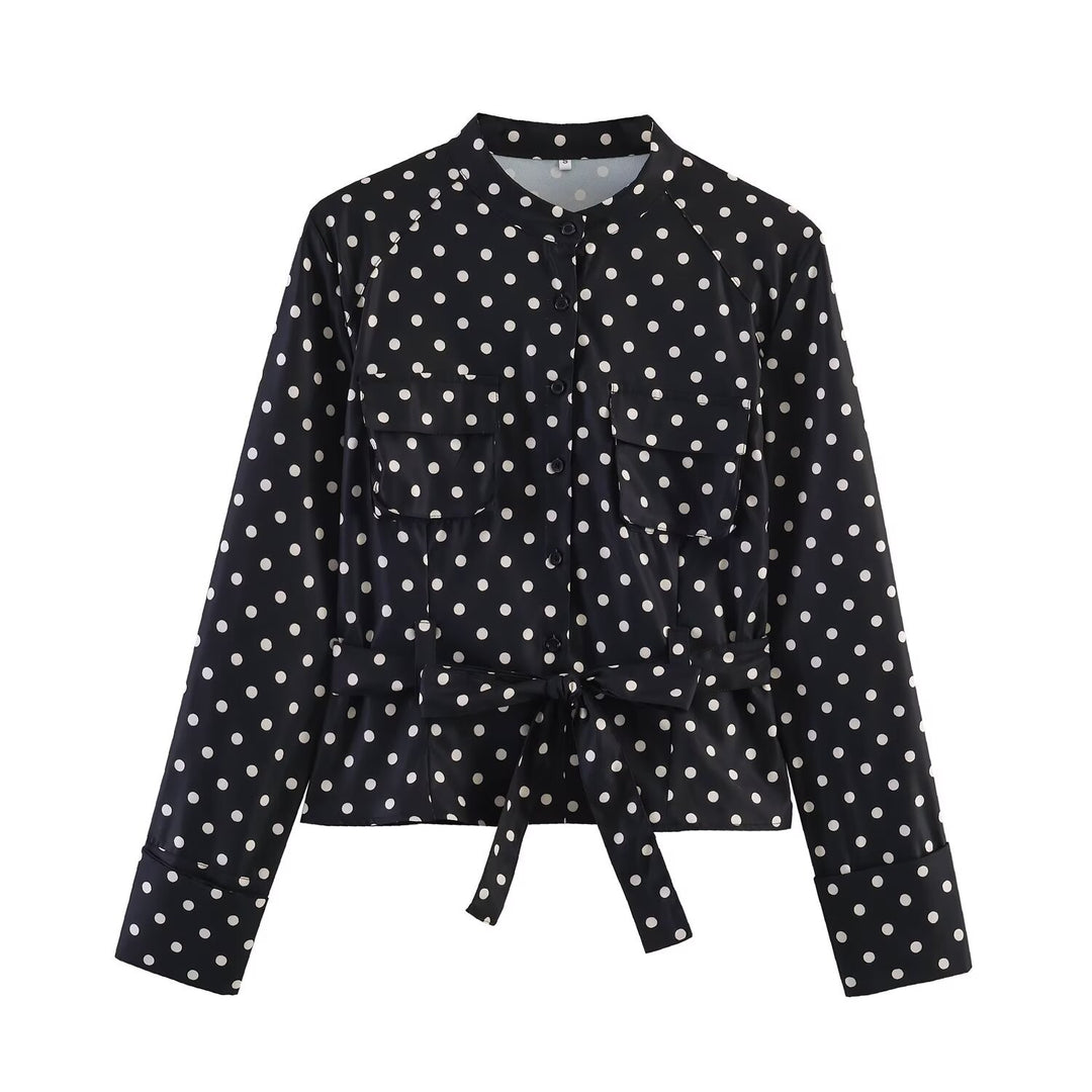Damen Gepunktete Taillierte Blusenjacke mit Stehkragen, Brusttaschen und Taillenband Echo Archiv
