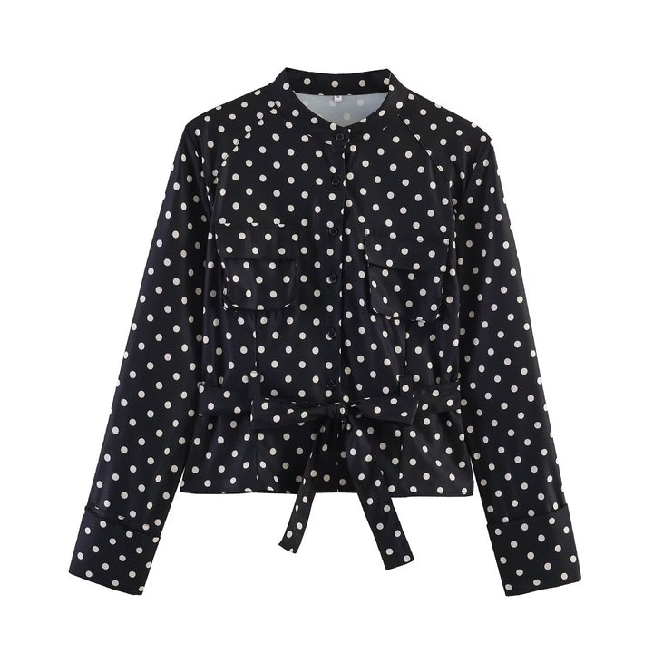 Damen Gepunktete Taillierte Blusenjacke mit Stehkragen, Brusttaschen und Taillenband Echo Archiv