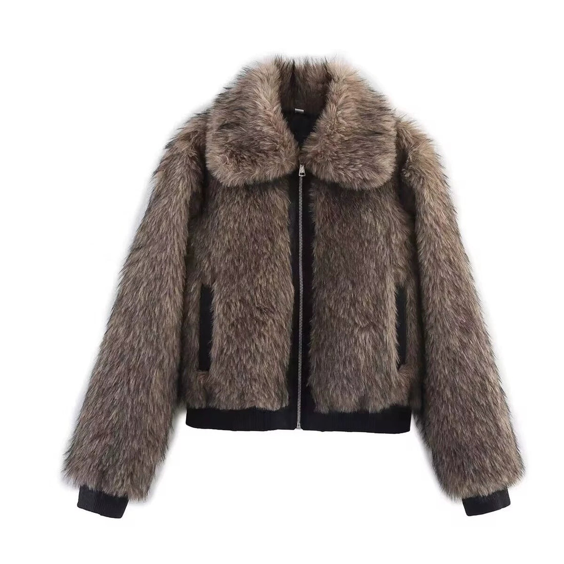 Damen Kurze Kunstpelz-Bomberjacke mit voluminösem Schalkragen und Reißverschluss Echo Archiv