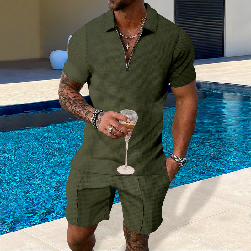 Herren lässiges Polo- und Shorts-Set mit Reißverschluss und strukturierter Oberfläche Echoarchiv