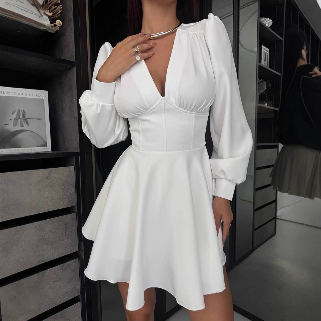 Damen Korsett-Detail Mini-Kleid mit Puffärmeln und ausgestelltem Rock Echoarchiv