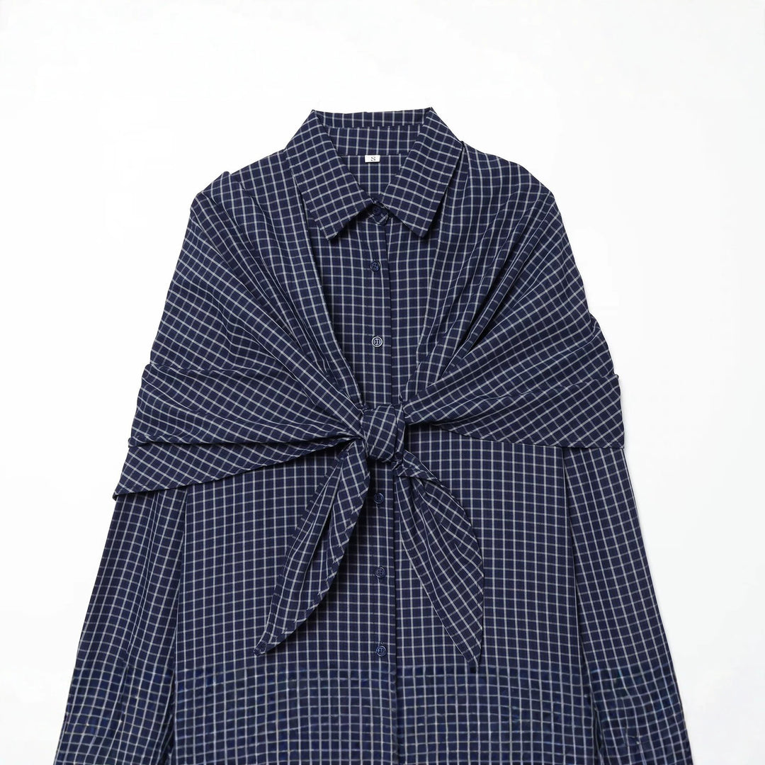 Damen Kariertes Oversize-Hemd mit großem Knotendetail und weitem Schulterumhang Echo Archiv