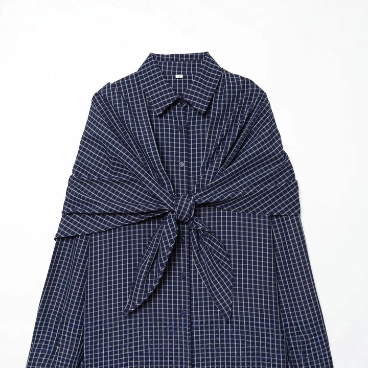 Damen Kariertes Oversize-Hemd mit großem Knotendetail und weitem Schulterumhang Echo Archiv