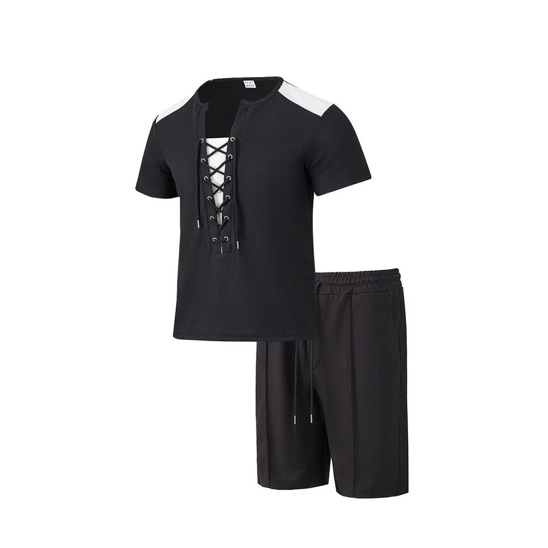 Herren Sportliches Freizeit-Set mit modernem Schnürkragen und Shorts Echoarchiv