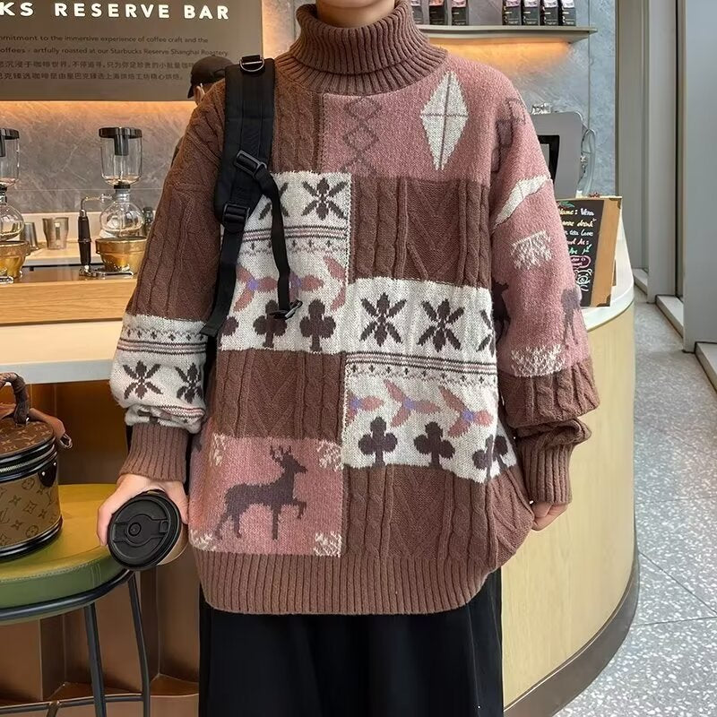 Damen Gemusterter Oversized Pullover mit Stehkragen Echoarchiv
