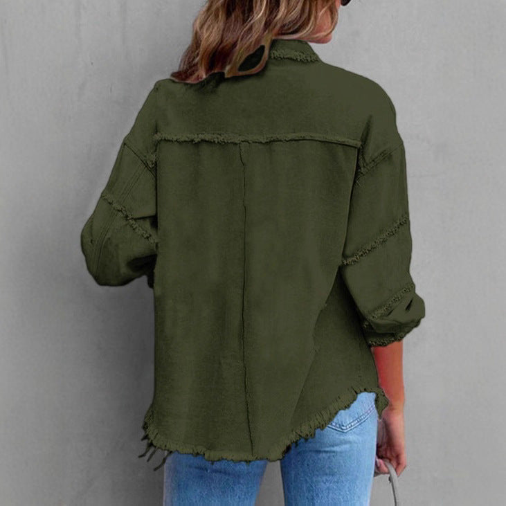 Damen Lässige Oversized-Denim-Hemdjacke mit Rohsaum und Pattentaschen Echo Archiv