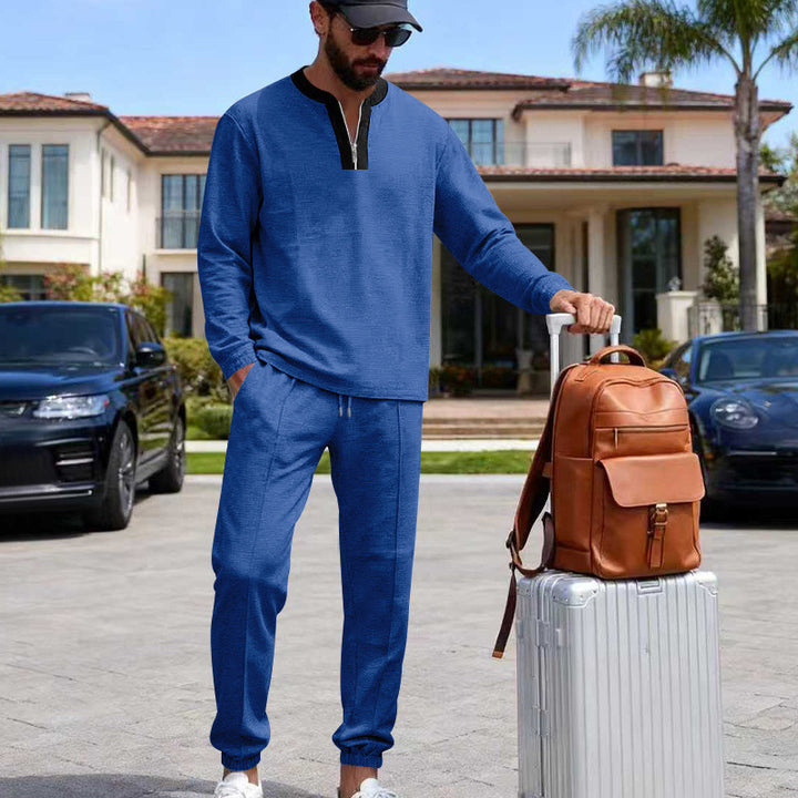 Herren Leichtes Henley-Loungewear-Set mit Kontrastkragen, Tunnelzug-Jogger und elastischen Bündchen – Marzano