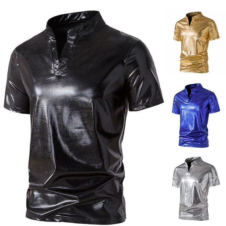 Herren modisches Metallic-T-Shirt mit hohem Kragen und kreativem Schnitt Echoarchiv