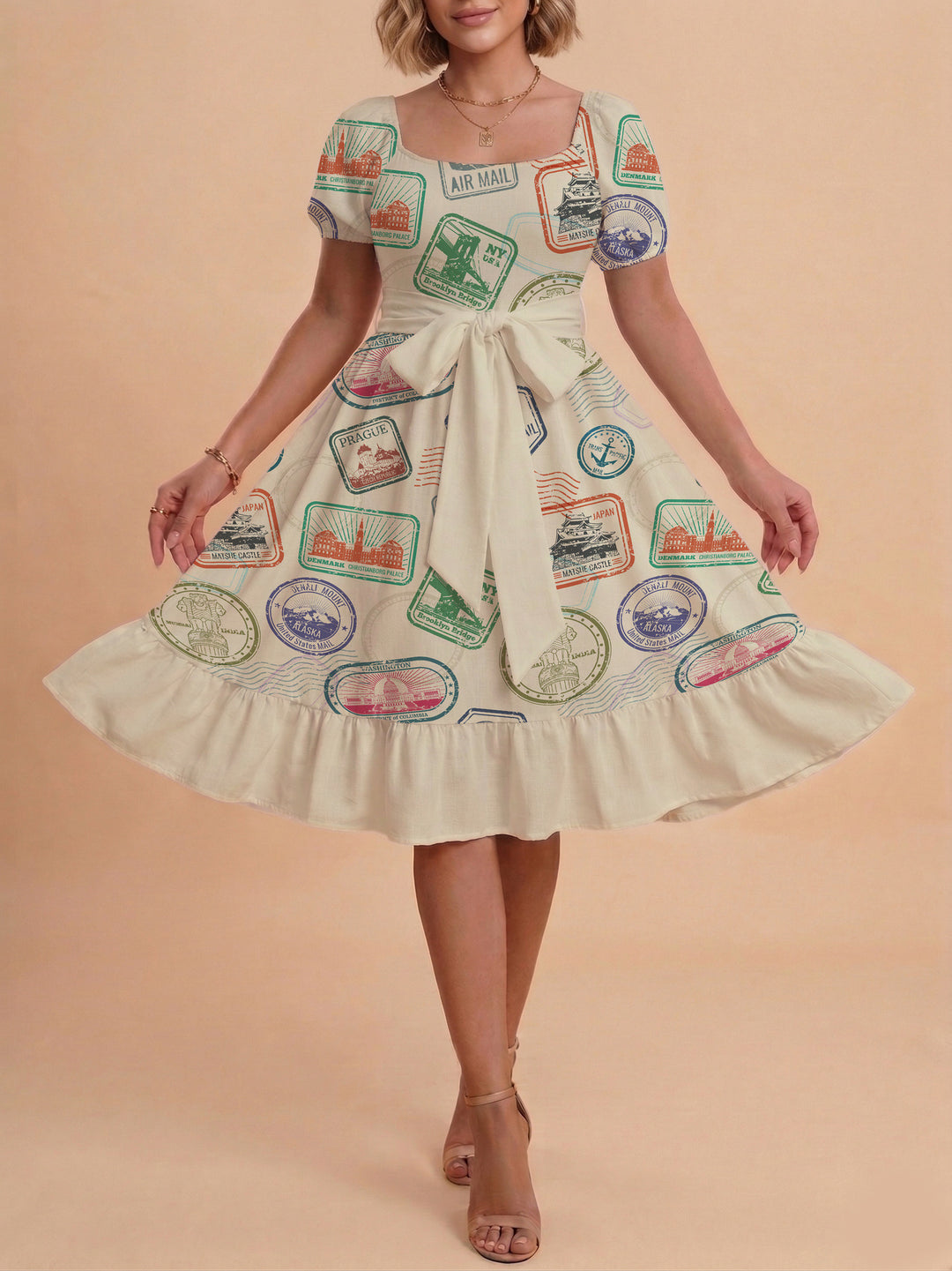 Damen Sommerkleid mit floralem Puffärmel und taillierbarem Gürtel Echo Archiv