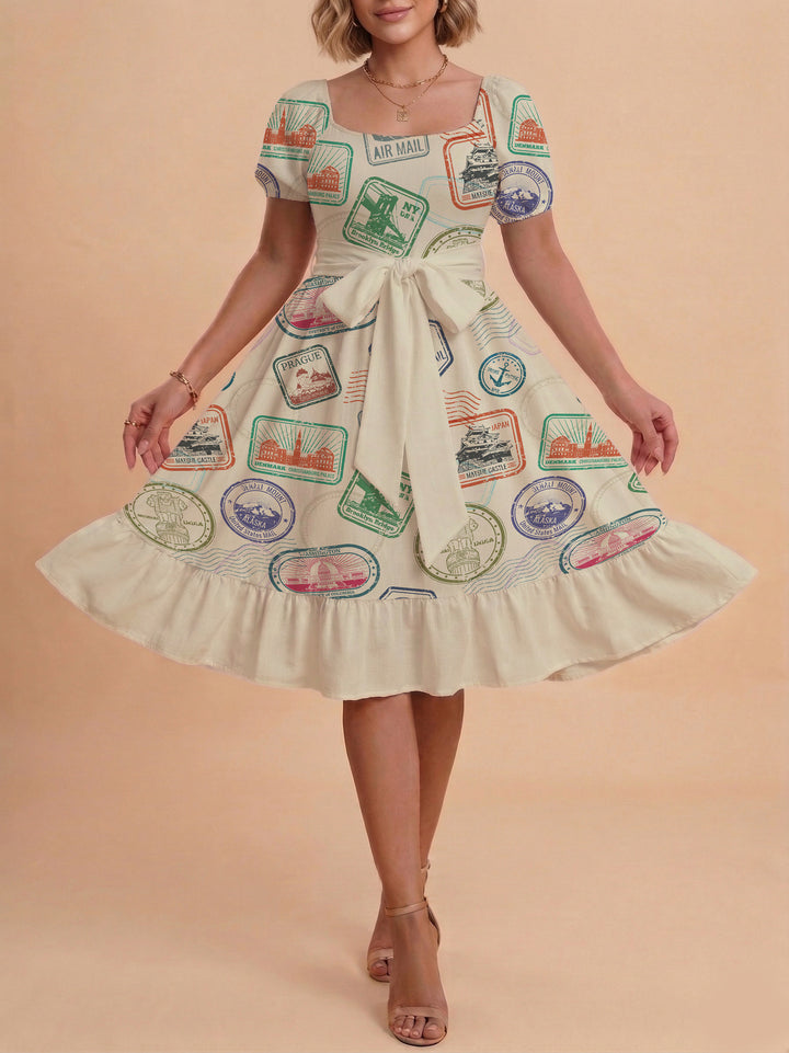 Damen Sommerkleid mit floralem Puffärmel und taillierbarem Gürtel Echo Archiv