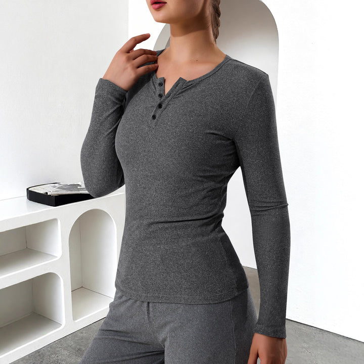 Damen Geripptes Henley-Langarmshirt mit Knopfleiste und figurnahem Schnitt echoarchiv-