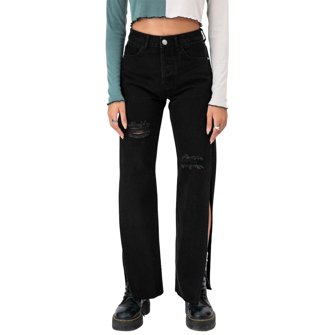 Damen hochgeschnittene Straight-Jeans mit seitlichem Beinschlitz und dezenten Rissen Echo Archiv