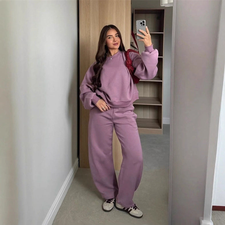 Damen Cropped-Sweatshirt mit hohem Rundhalsausschnitt und elastischer Tunnelzug Wide-Leg Jogginghose Set – Avérine