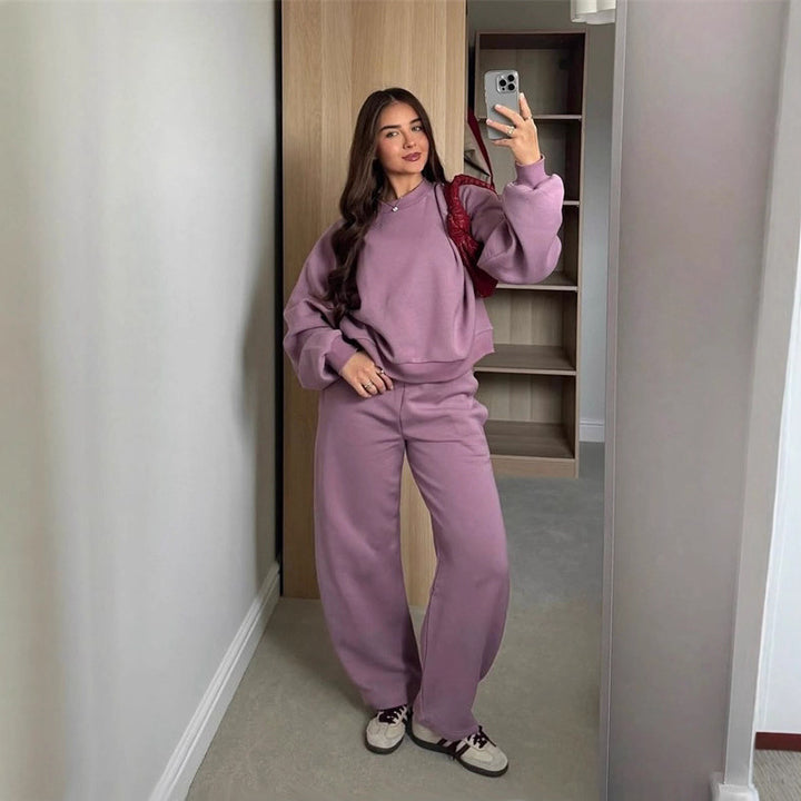 Damen Cropped-Sweatshirt mit hohem Rundhalsausschnitt und elastischer Tunnelzug Wide-Leg Jogginghose Set – Avérine