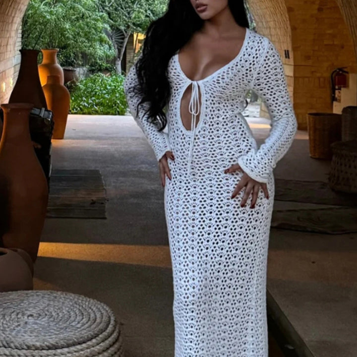 Damen luftiges Häkel-Strandkleid mit V-Ausschnitt und Schnüroptik Echo Archiv