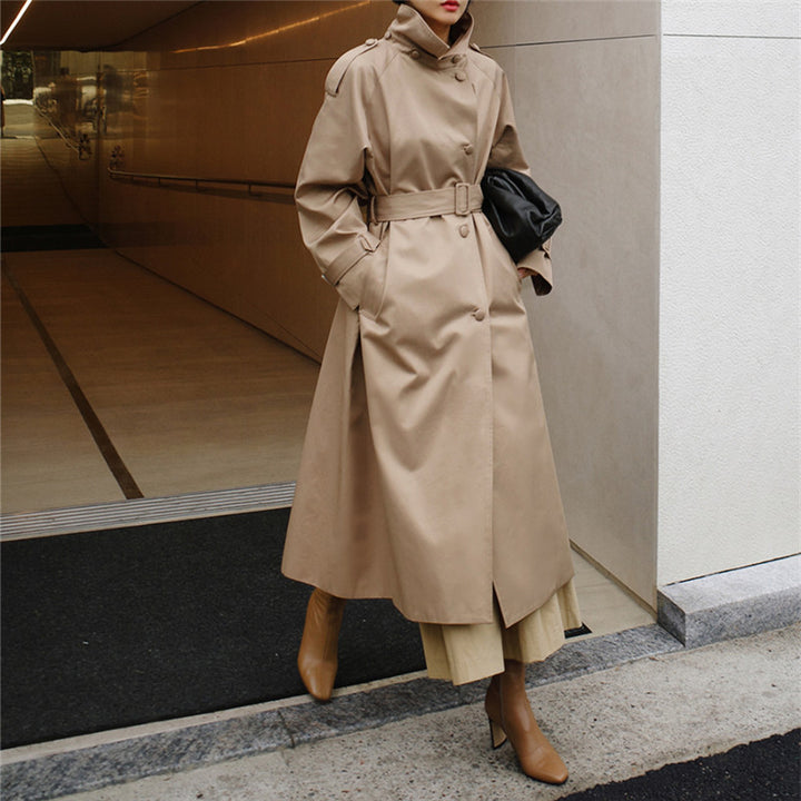 Damen Langgeschnittener Trenchcoat mit Taillengürtel und Stehkragen Echoarchiv