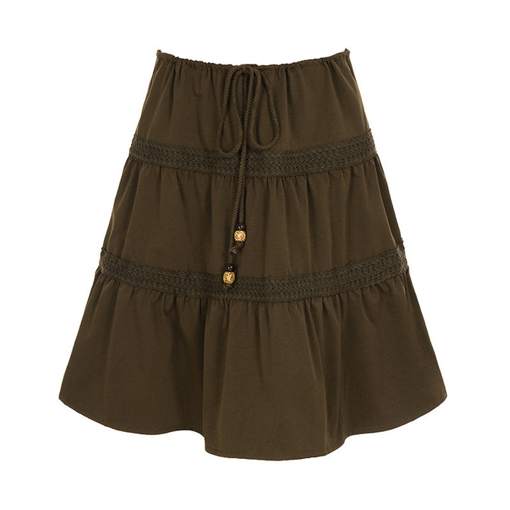 Damen nan gestufter Boho-Midirock mit elastischem Kordelbund und Häkelband-Details Echo Archiv