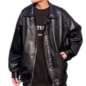 Herren Boxy-Kunstlederjacke mit Hemdkragen und verdecktem Reißverschluss Echoarchiv