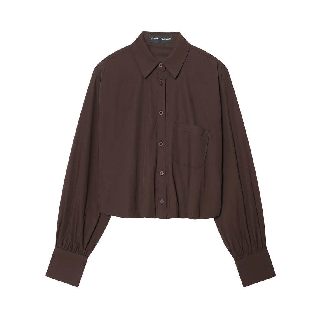 Damen cropped Karo-Hemd mit Ballonärmeln, Brusttasche und elastischem Saum – Maréline