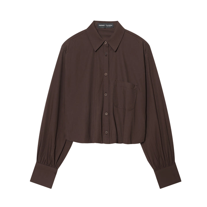 Damen cropped Karo-Hemd mit Ballonärmeln, Brusttasche und elastischem Saum – Maréline