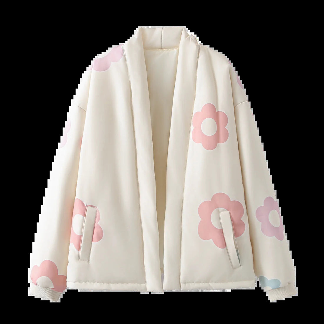 Damen gesteppte Kimono-Shortjacke mit wattierter Füllung und floraler Applikation – Célinea