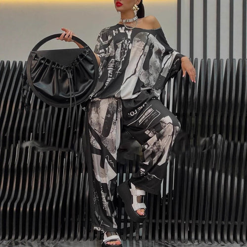 Damen nan zweiteiliges weites Satin-Freizeit-Set mit schulterfreiem Fledermaus-Top und Palazzohose Echo Archiv
