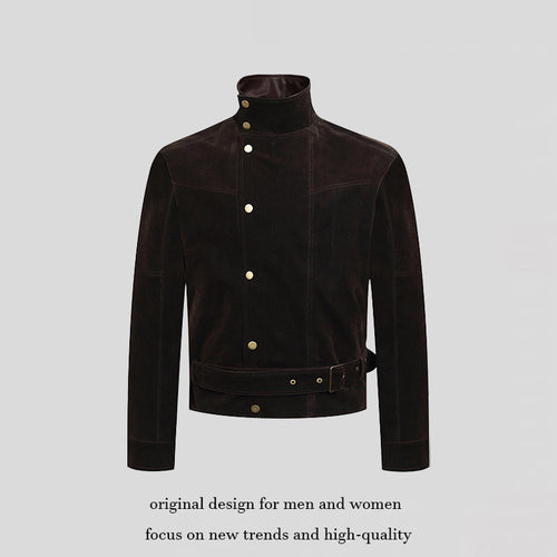 Herren Wildleder-Bikerjacke mit Stehkragen, Druckknopffront und Taillengürtel Echoarchiv