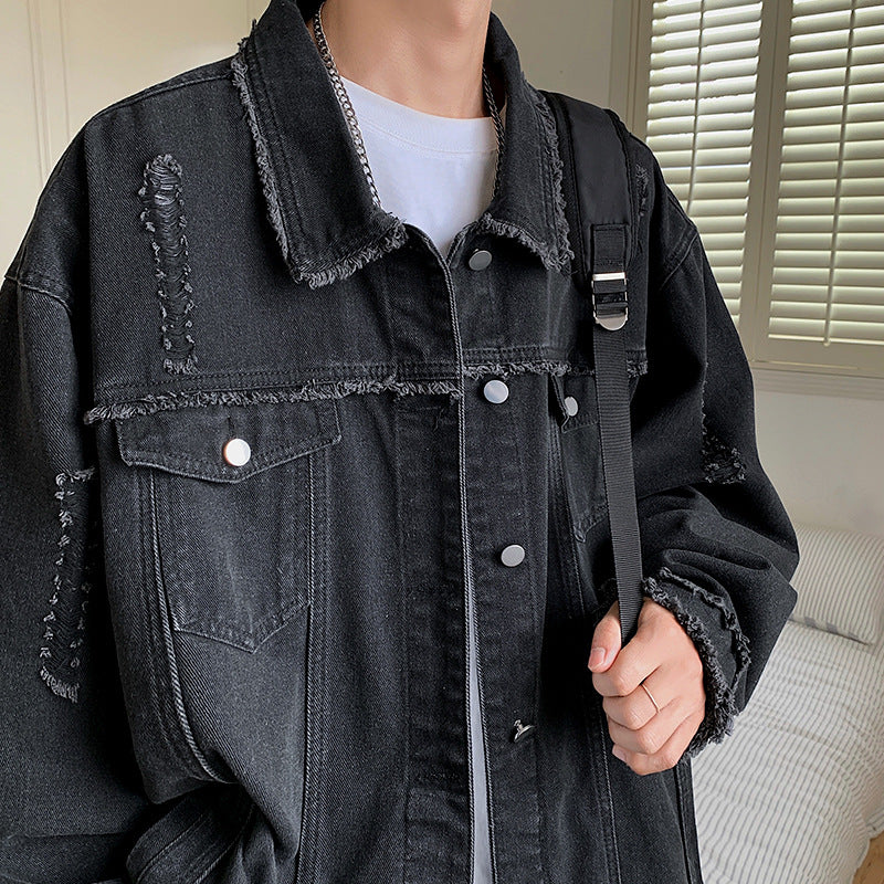 Herren Oversize Jeansjacke mit Used‑Look, ausgefransten Kanten und Druckknöpfen Echo Archiv