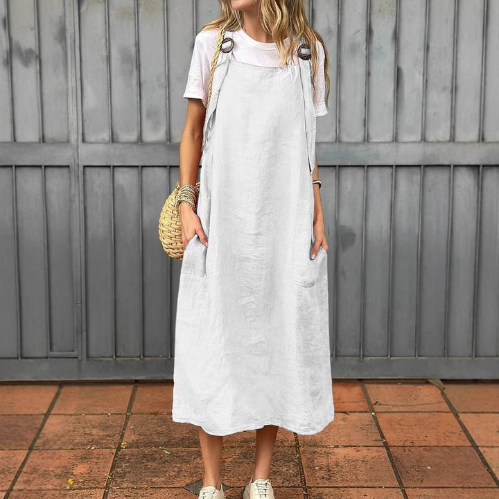 Damen Lässiges Leinen-Latzkleid mit praktischen Seitentaschen und verstellbaren Trägern Echoarchiv