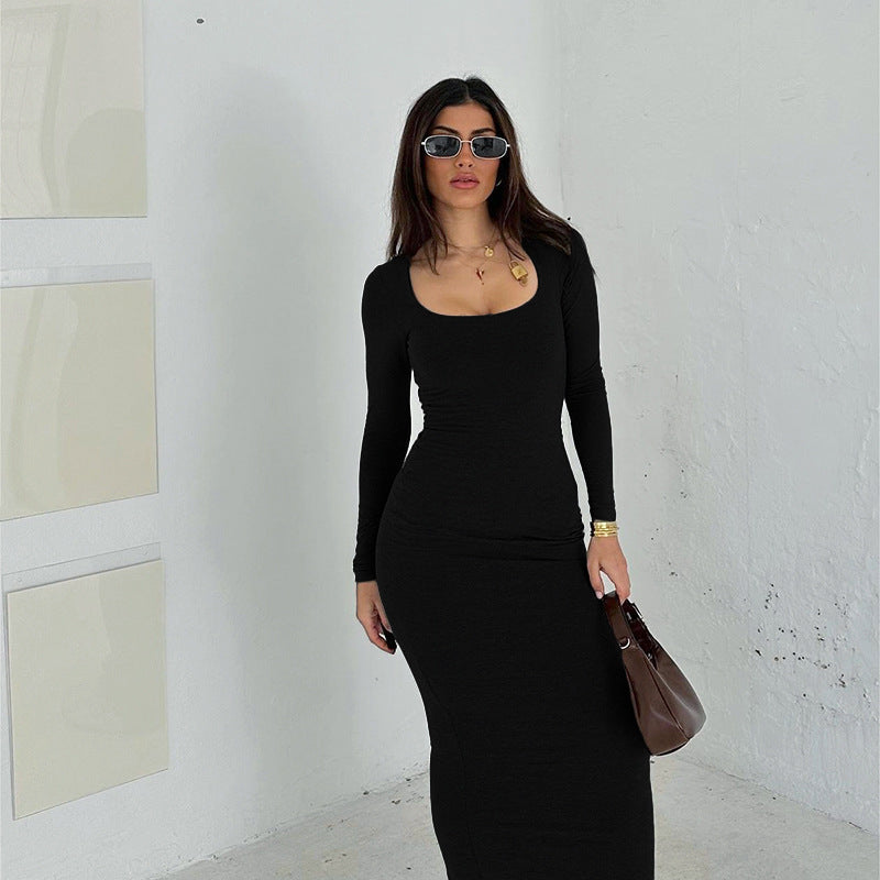 Damen Figurbetontes Stretch-Jerseykleid mit tiefem U-Boot-Ausschnitt und langen Ärmeln – Valéora
