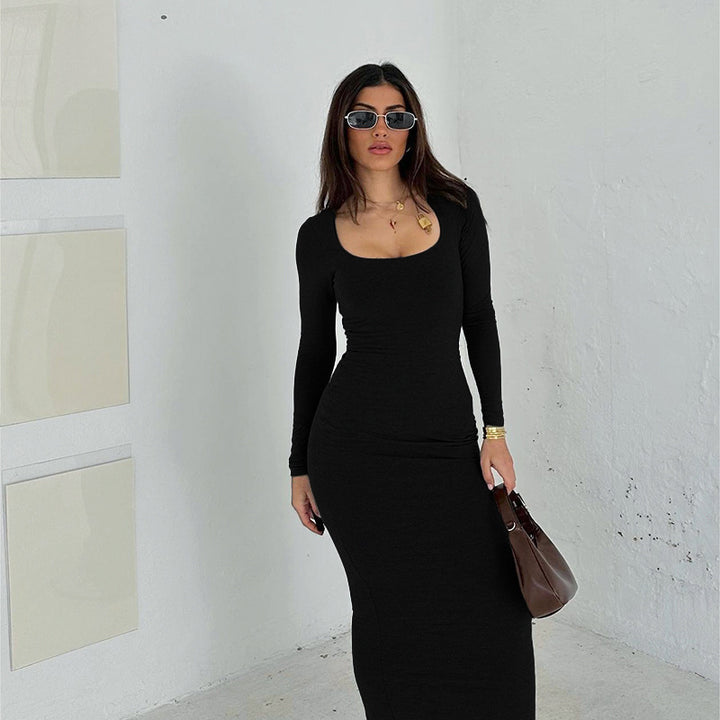 Damen Figurbetontes Stretch-Jerseykleid mit tiefem U-Boot-Ausschnitt und langen Ärmeln – Valéora