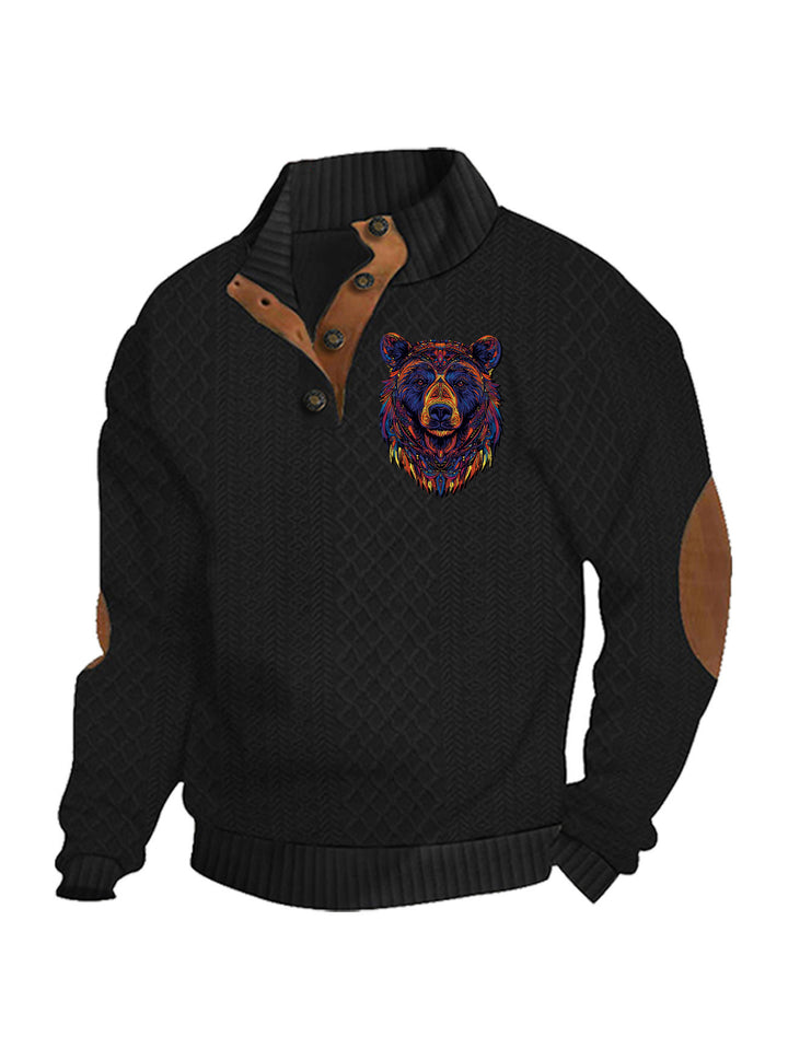 Herren nan Heritage-Strukturpullover mit Stehkragen Lederimitat-Besatz Ellenbogen-Patches und Halbknopfleiste Echo Archiv