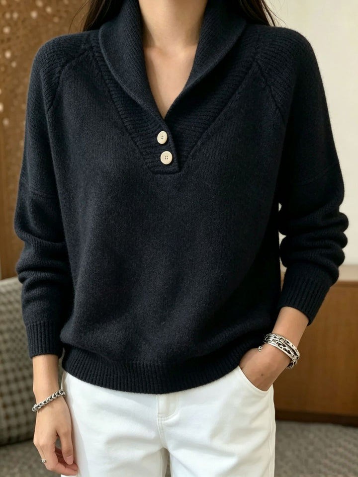 Damen Weicher Schalkragen‑Pullover mit halber Knopfleiste und Raglanärmeln – Mavelle