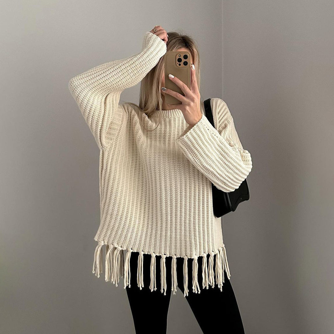 Damen lässiger Rippstrick-Pullover mit Fransen-Saum und Oversize-Silhouette – Mavelle