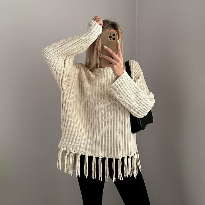 Damen lässiger Rippstrick-Pullover mit Fransen-Saum und Oversize-Silhouette – Mavelle