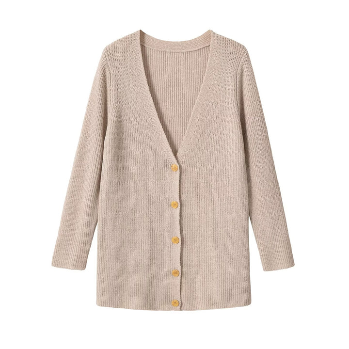 Damen Longline Strickcardigan mit V‑Ausschnitt und Holzknöpfen Echo Archiv