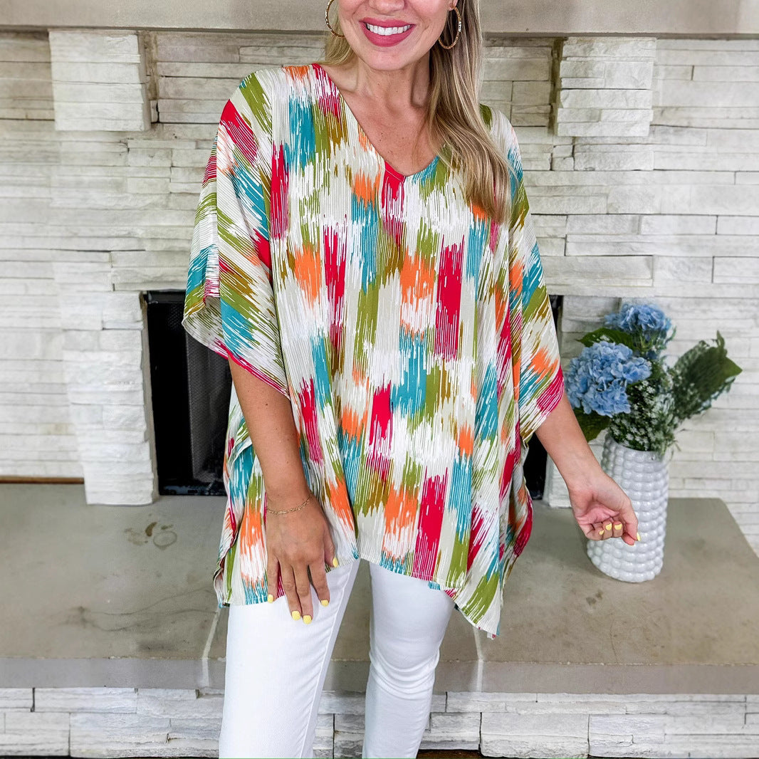 Damen Oversized V‑Neck Tunika im Plissee‑Look mit abstraktem Ikat‑Print – Avérine