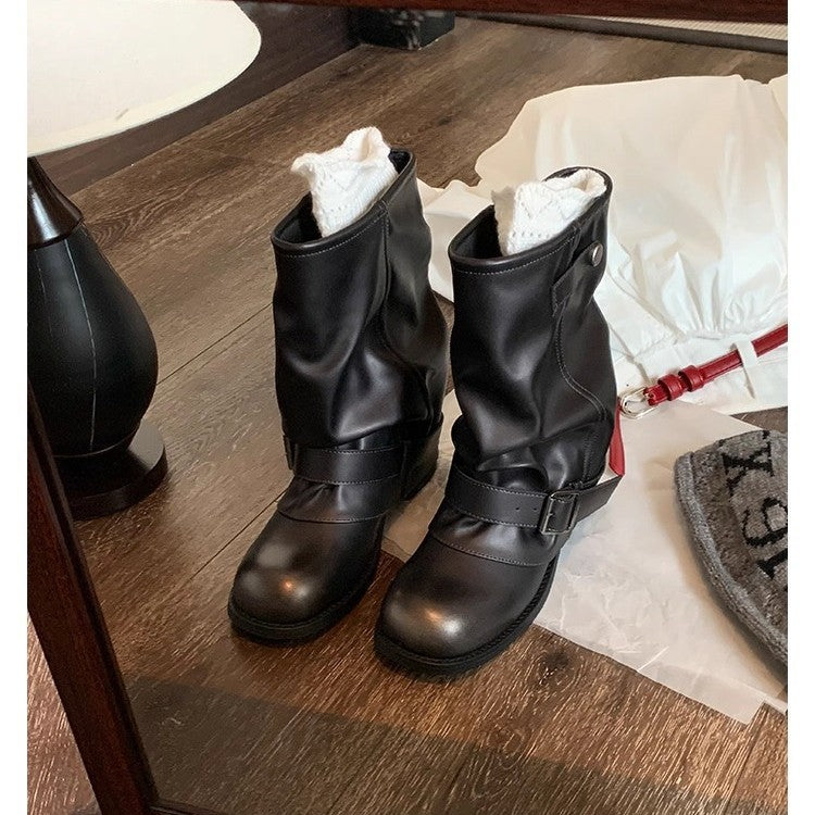 Damen Mid-Calf Bikerstiefel aus Glattleder mit verstellbarem Schnallenriemen Echo Archiv