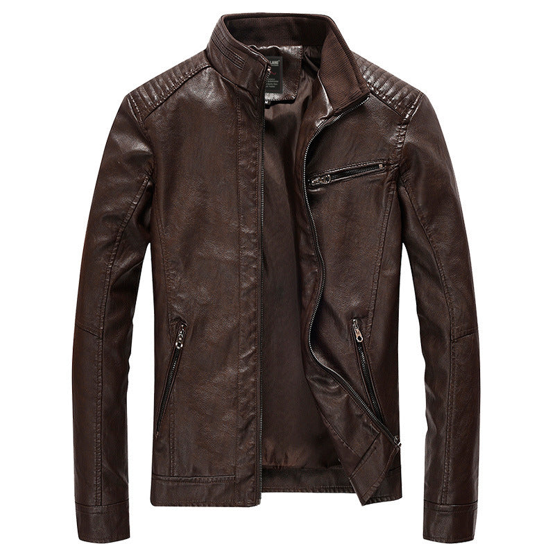 Herren Kunstleder-Bikerjacke mit Stehkragen und gesteppter Schulterpartie – Taviero