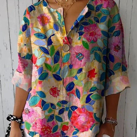 Damen Lose Blumenmuster Leinenlook Bluse Tunika mit V-Ausschnitt und Dreiviertelärmeln – Élovi